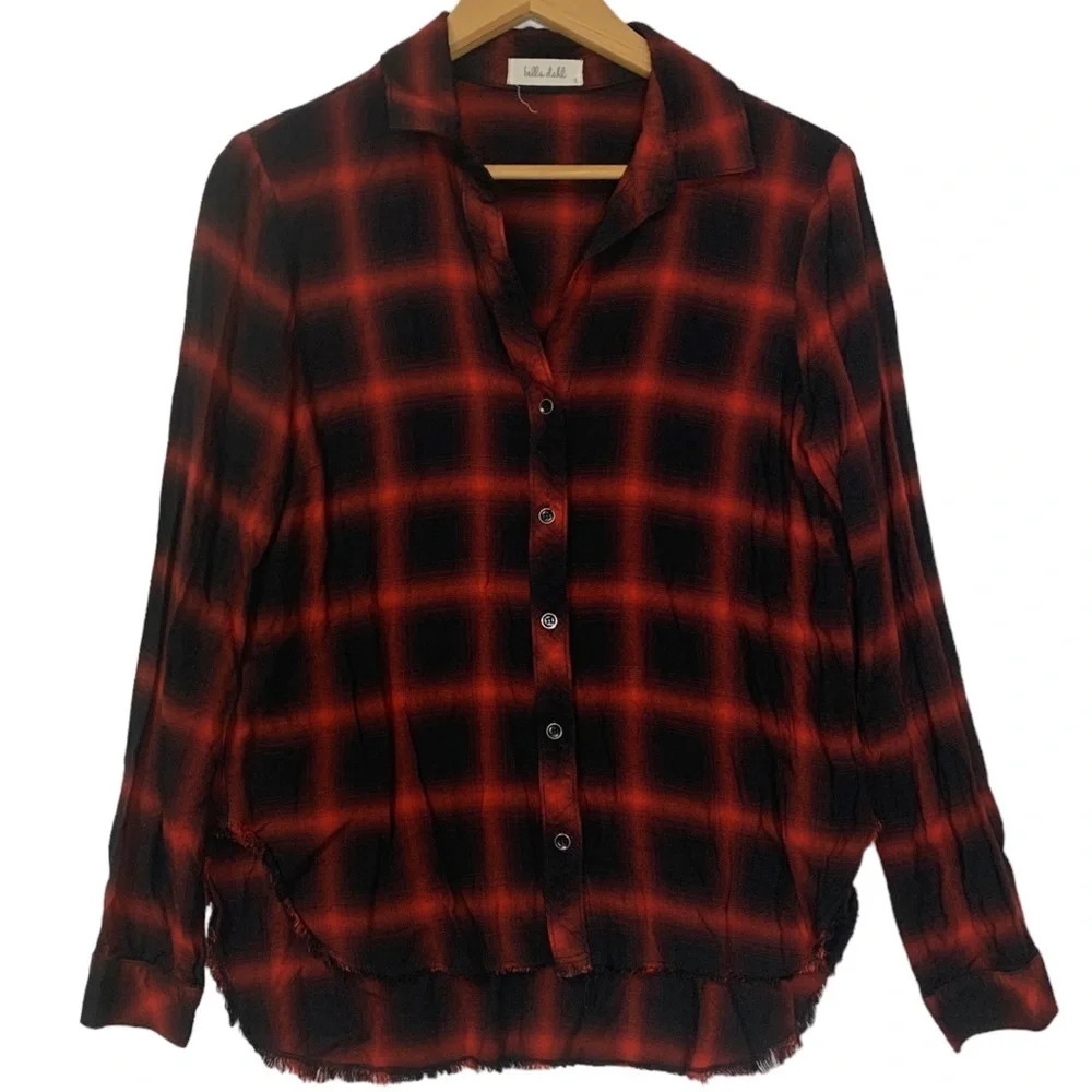 Bella Dahl Women’s Plaid 100% Rayon Button Front  Raw Hem Shirt Small Red Black